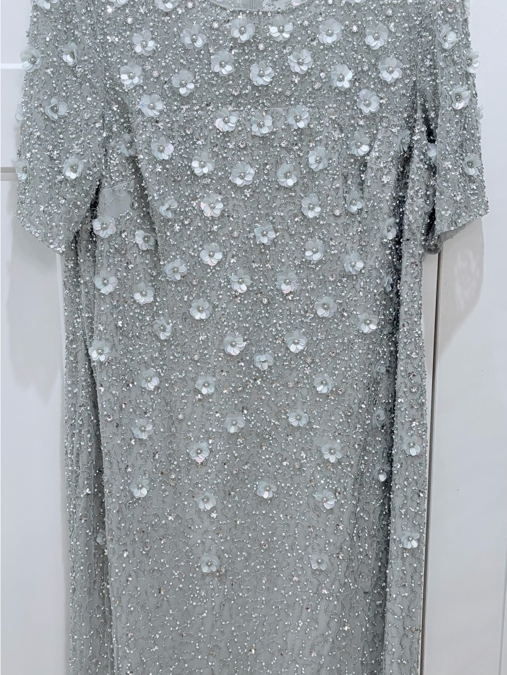 Adrianna Papell Embellished Frosted Sage Green Floral Sequin Evening Dress